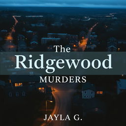 Create a book cover featuring a tilted bird's-eye view of the town of Ridgewood at dusk or nighttime