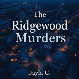 Create a book cover featuring a tilted bird's-eye view of the town of Ridgewood at dusk or nighttime