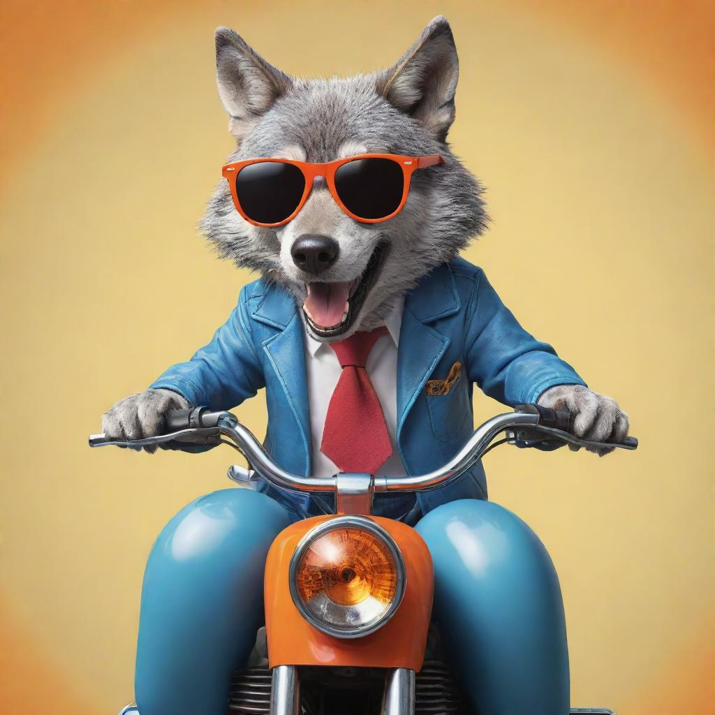 A playful cartoon of a cool wolf wearing sunglasses, cruising on a vibrant, oversized motorbike with fun, exaggerated features.