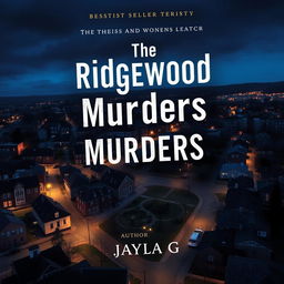 Create a book cover featuring a tilted bird's-eye view of the town of Ridgewood at dusk or nighttime