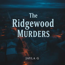 Create a book cover featuring a tilted bird's-eye view of the town of Ridgewood at dusk or nighttime