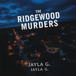 Create a book cover featuring a tilted bird's-eye view of the town of Ridgewood at dusk or nighttime