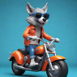 A playful cartoon of a cool wolf wearing sunglasses, cruising on a vibrant, oversized motorbike with fun, exaggerated features.