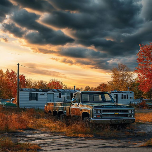 Create a dramatic movie poster for 'Marzipan and Ryan' featuring a dilapidated mobile home park and a 70s Chevy Truck under a cloudy autumn sky