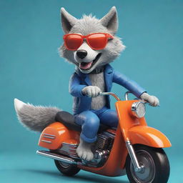 A playful cartoon of a cool wolf wearing sunglasses, cruising on a vibrant, oversized motorbike with fun, exaggerated features.