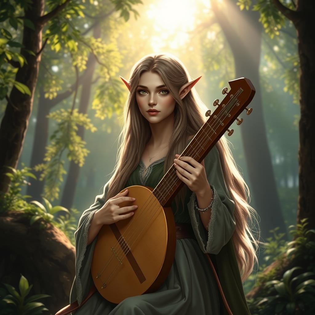 A very beautiful half-elf bard with a lyre in a lush, enchanting forest