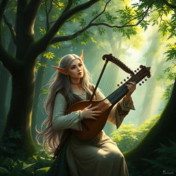 A very beautiful half-elf bard with a lyre in a lush, enchanting forest