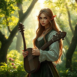 A very beautiful half-elf bard with a lyre in a lush, enchanting forest