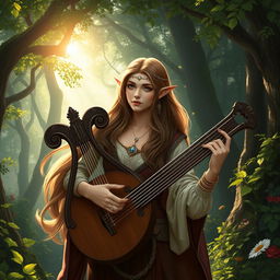 A very beautiful half-elf bard with a lyre in a lush, enchanting forest