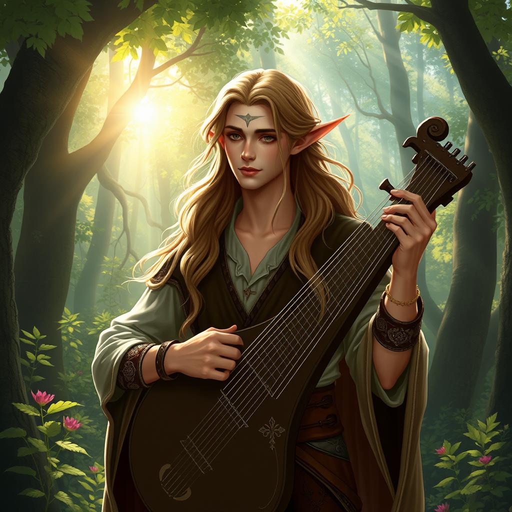 A very beautiful male half-elf bard with a lyre in a lush, enchanting forest