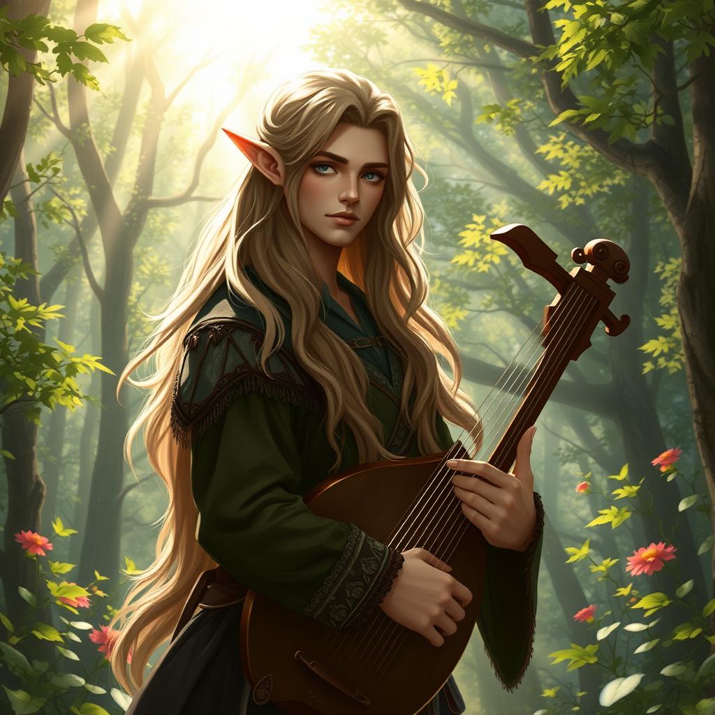 A very beautiful male half-elf bard with a lyre in a lush, enchanting forest