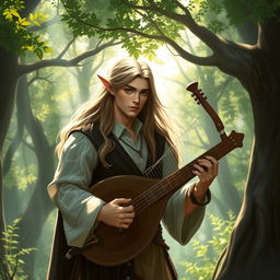 A very beautiful male half-elf bard with a lyre in a lush, enchanting forest