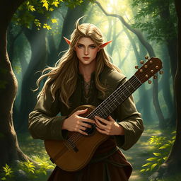 A very beautiful male half-elf bard with a lyre in a lush, enchanting forest