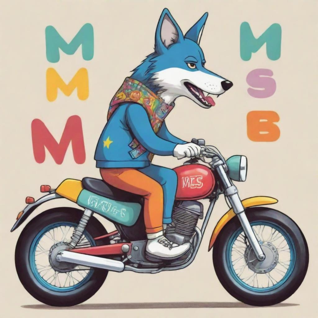 A cartoon of a cool wolf riding a colorful motorbike, the letters MES prominently displayed on the side of the bike.