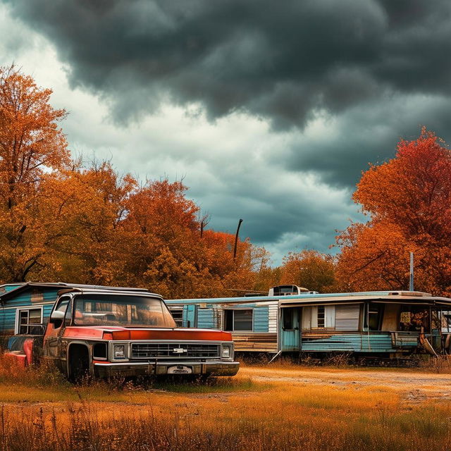 Create a dramatic movie poster for 'Marzipan and Ryan' featuring a dilapidated mobile home park and a 70s Chevy Truck under a cloudy autumn sky