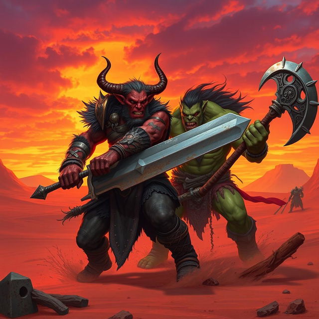 A strong tiefling warrior in the middle of an epic battle against an orc in a red desert at sunset