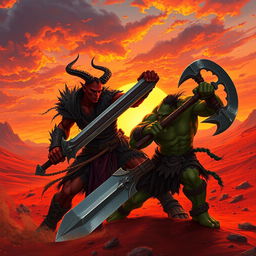 A strong tiefling warrior in the middle of an epic battle against an orc in a red desert at sunset