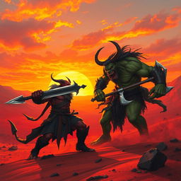 A strong tiefling warrior in the middle of an epic battle against an orc in a red desert at sunset