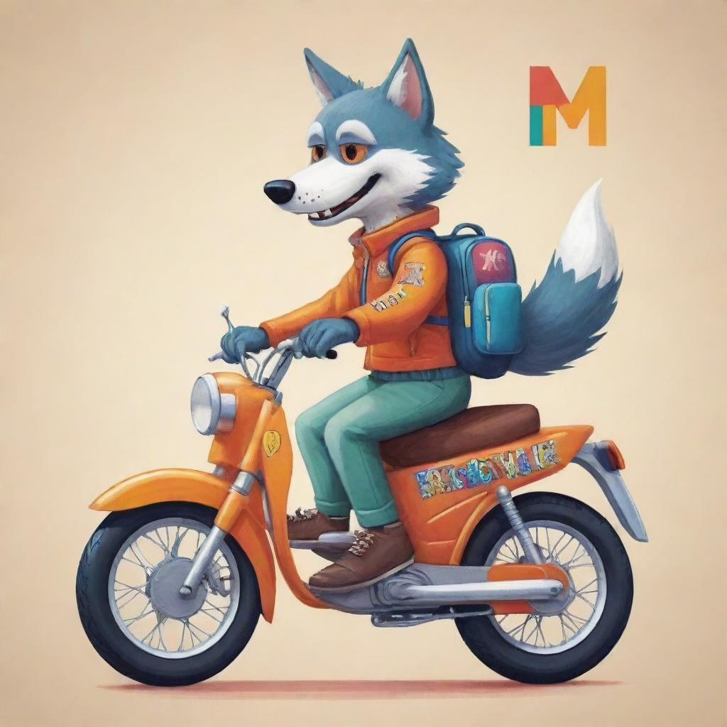 A cartoon of a cool wolf riding a colorful motorbike, the letters MES prominently displayed on the side of the bike.