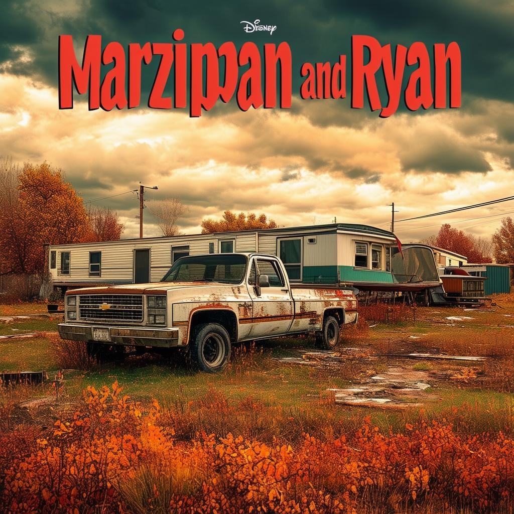 Create a movie poster for 'Marzipan and Ryan' featuring a dilapidated mobile home park and a 70s Chevy Truck under a cloudy autumn sky