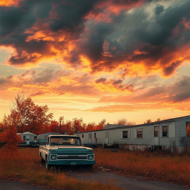 Create a movie poster for 'Marzipan and Ryan' featuring a dilapidated mobile home park and an 80s Chevy Truck under a cloudy autumn sky