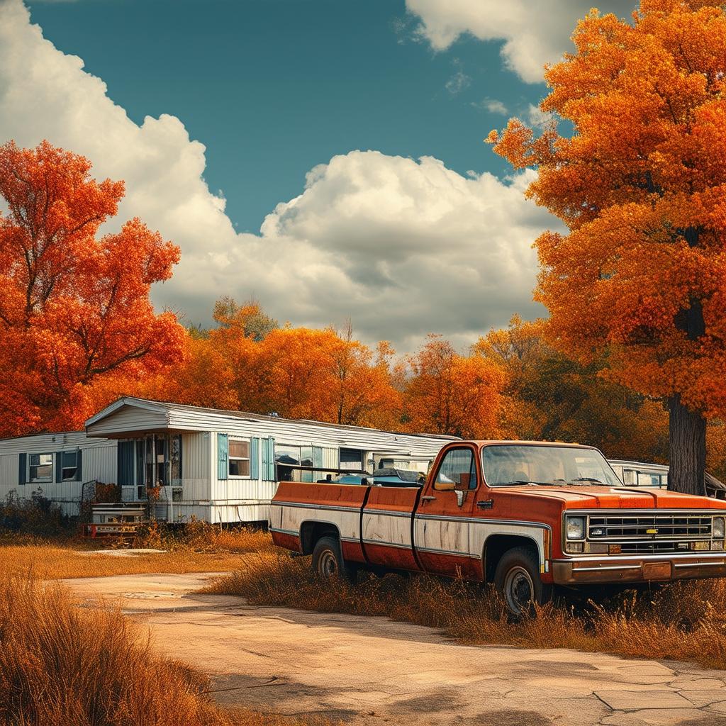 Create a movie poster for 'Marzipan and Ryan' featuring a dilapidated mobile home park and an 80s Chevy Truck under a cloudy autumn sky