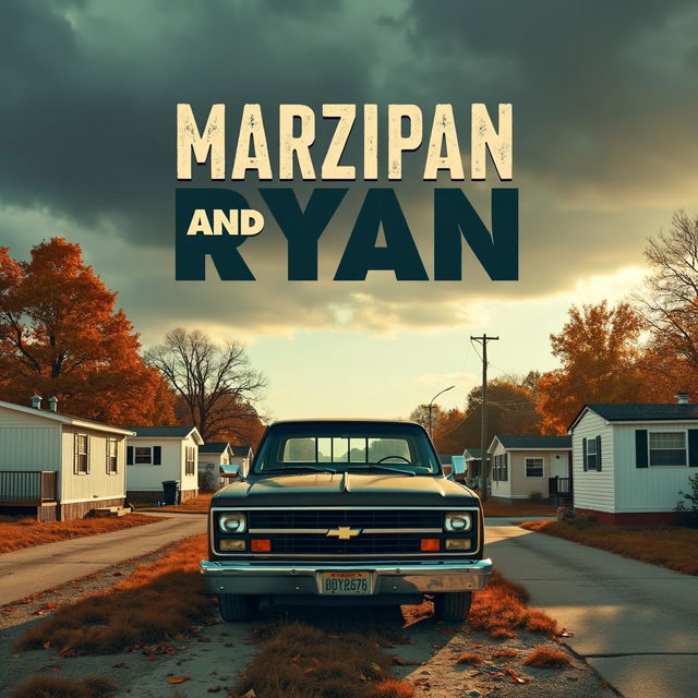 Create a movie poster for 'Marzipan and Ryan' featuring a dilapidated mobile home park and an 80s Chevy Truck under a cloudy autumn sky