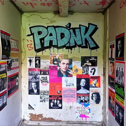 A small room with a wall at the back covered in posters