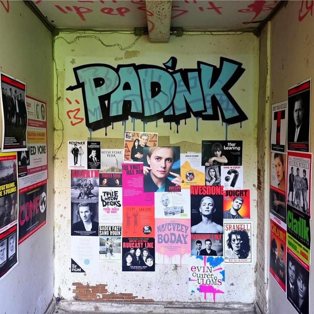 A small room with a wall at the back covered in posters