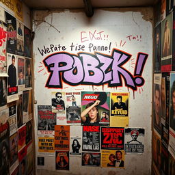 A small room with a wall at the back covered in posters