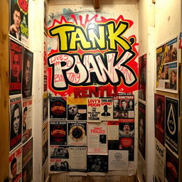 A small room with a wall at the back covered in posters