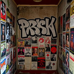 A small room with a wall at the back covered in posters