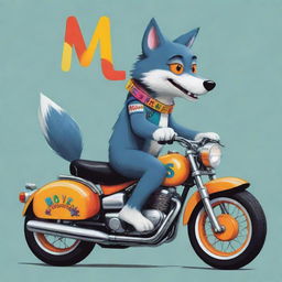 A cartoon of a cool wolf riding a colorful motorbike, the letters MES prominently displayed on the side of the bike.