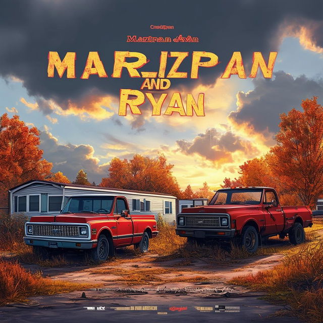 Create a movie poster for 'Marzipan and Ryan' featuring a dilapidated mobile home park and an 80s Chevy Truck under a cloudy autumn sky