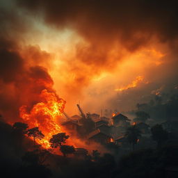 A vibrant and dynamic scene showing the town of Soutelo engulfed in flames