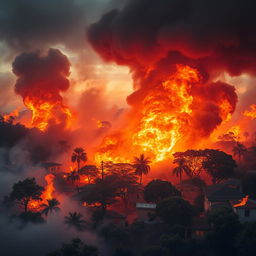 A vibrant and dynamic scene showing the town of Soutelo engulfed in flames