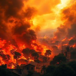 A vibrant and dynamic scene showing the town of Soutelo engulfed in flames