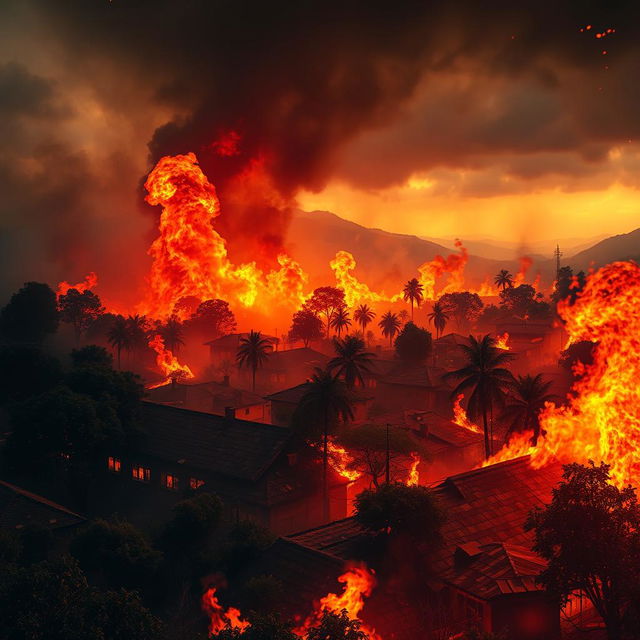 A vibrant and dynamic scene showing the town of Soutelo engulfed in flames