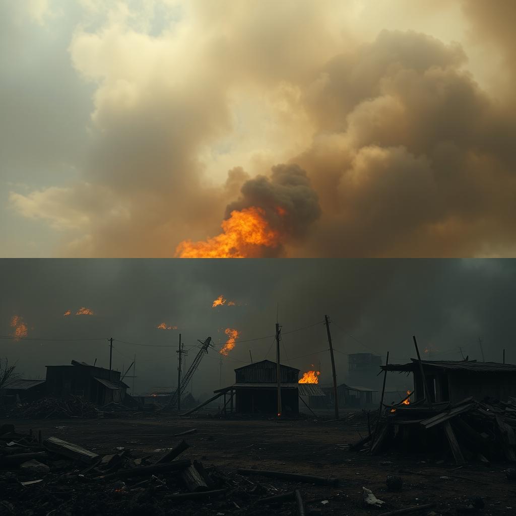 A continuation of the dramatic scene showing the town of Soutelo engulfed in flames