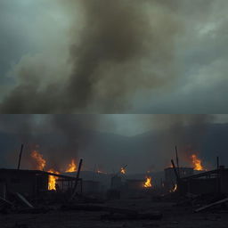 A continuation of the dramatic scene showing the town of Soutelo engulfed in flames