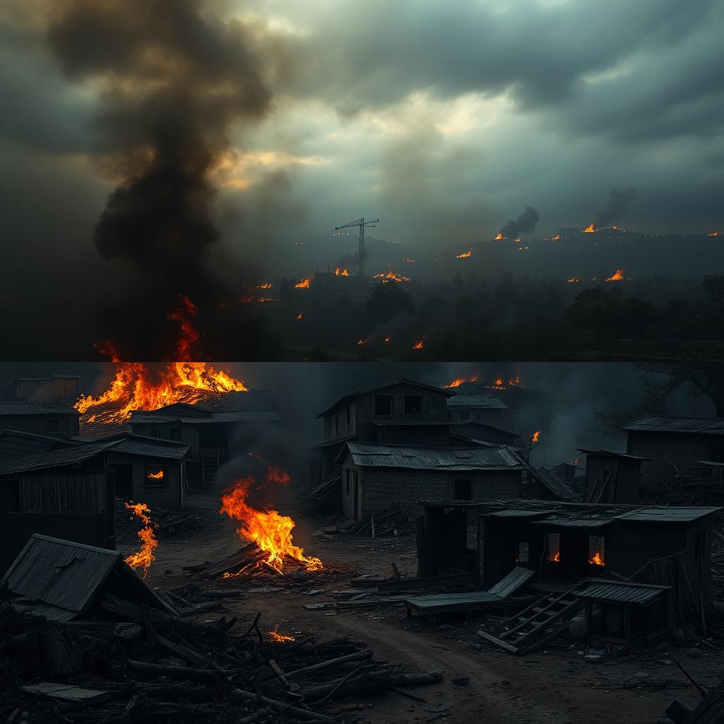 A continuation of the dramatic scene showing the town of Soutelo engulfed in flames