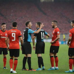 An intense moment in a football match where angry players are protesting against a referee showing a red card