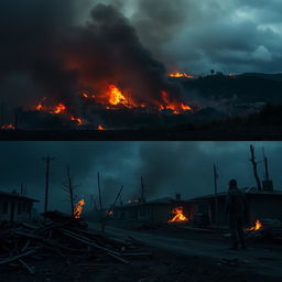 A continuation of the dramatic scene showing the town of Soutelo engulfed in flames