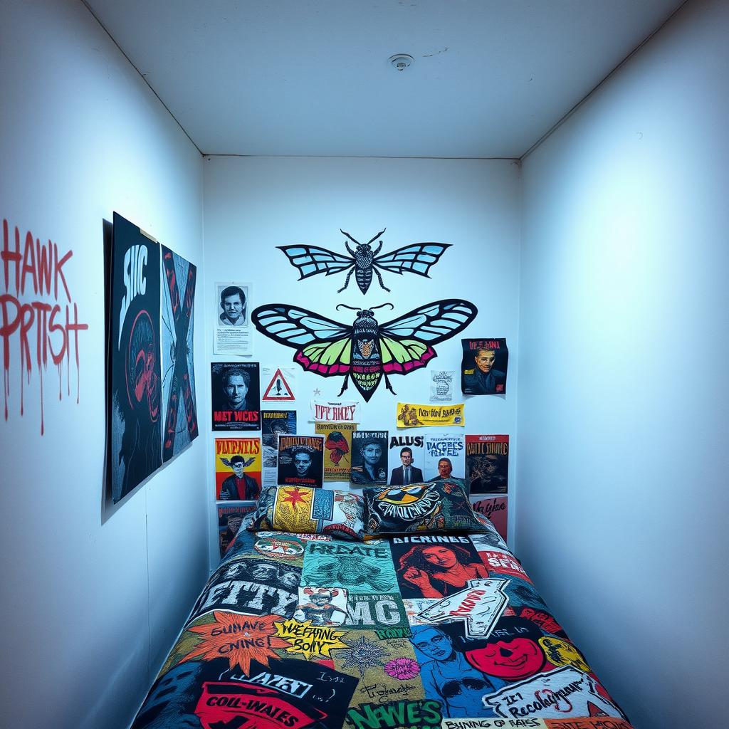 A small, rectangular room with a punk/skater/urban style