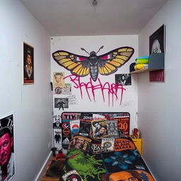 A small, rectangular room with a punk/skater/urban style