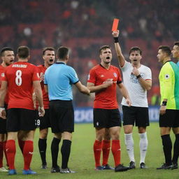 An intense moment in a football match where angry players are protesting against a referee showing a red card