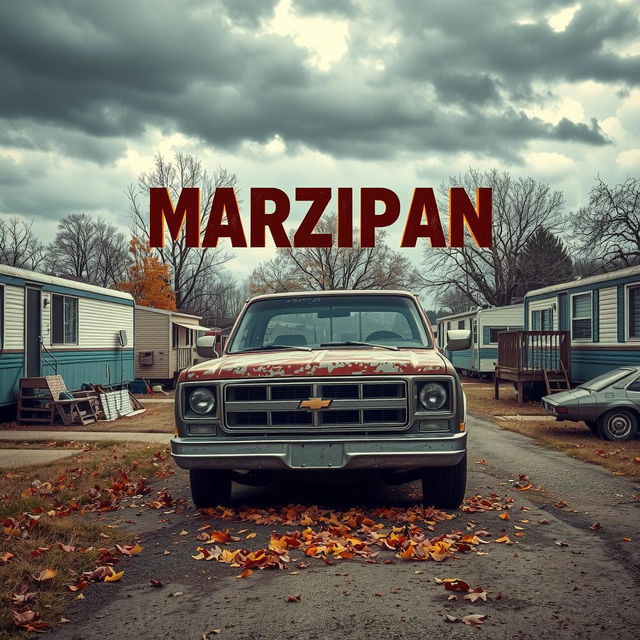 Create a movie poster for 'Marzipan and Ryan' featuring a dilapidated mobile home park and an 80s Chevy Truck under a cloudy autumn sky