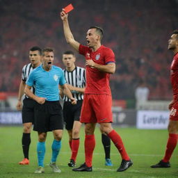 An intense moment in a football match where angry players are protesting against a referee showing a red card