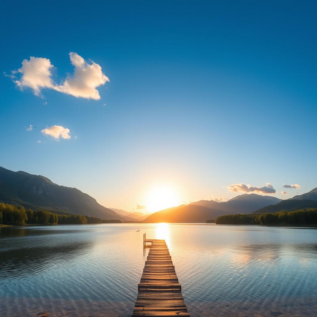 A beautiful landscape featuring a serene lake surrounded by lush green trees and mountains in the background