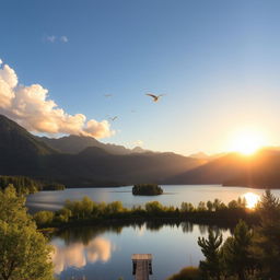 A beautiful landscape featuring a serene lake surrounded by lush green trees and mountains in the background